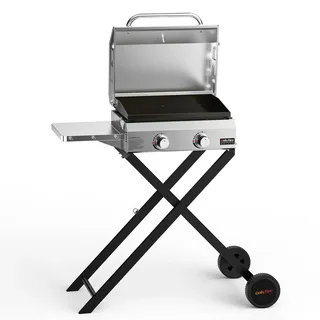 onlyfire Edelstahl Gasgrill Grillwagen 2 Brenner mit Faltbarem Wagen, Seitenablagen und Grillplatte aus Keramische Lackbeschichtung, Grillfläche 45,8x36cm, 4,7 kW, Gasgrill Plancha Griddle für Garten