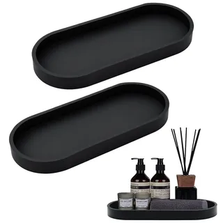 2 Stück Badezimmer Tablett,Deko Tablett Schwarz Silikon,Schminktisch Ablageschale Effiziente Lagerung,Deko Badezimmer Elegantes,Tablett Klein für Wohnzimmer,Schlafzimmer,Oval