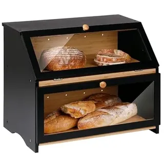 BRAVECOW Natürlich Bambus brotkasten,brotkasten holz Zweischichtig, mit Deckel brotkorb, brot aufbewahrung, schwarz Brotaufbewahrungsbox brotbehälter groß, 39x25x32cm (Schwarz, 39 x 25 x 32 cm)