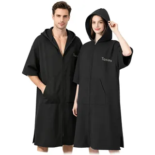 Taximi Badeponcho Erwachsene, Mikrofaser Bademantel mit Reißverschluss, Schnelltrocknend & Leicht, Umziehponcho für Strand, Schwimmbad & Wassersport (Schwarz)