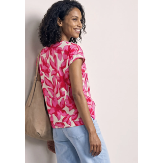 Shirttop STREET ONE, Damen, Gr. 34, sanftes weiß, Jersey, Obermaterial: 50% Baumwolle, 50% Modal, geblümt, hüftbedeckend, Rundhals, abgesteppte Kante, Tops Shirttop, Sommershirt im floralem Look und mit Knopfleiste