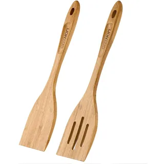 Pfannenwender Holz Kochlöffel Wooden Spatula: GEEKHOM 2-teilig Küchenutensilien Set aus 100% Bambus Schonend Antihaftbeschichtung Hitzebeständige 33cm mit Aufhänge Loch Naturfarbe