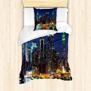 ABAKUHAUS New York Mantele, NYC Midtown Skyline, Milbensicher Allergiker geeignet mit Kissenbezügen, 135 cm x 200 cm - 80 x 80 cm, Königsblau - Königsblau
