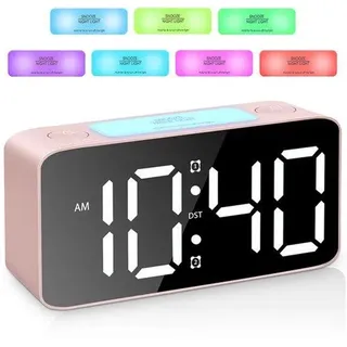 Digitale Nachtwächter mit 7 Farben - Ideal für Tiefschlaf - Digitale Uhr mit regelbarem Lautstärke & USB-Ladefunktion - für das Nachttisch - Rosa - Rosa