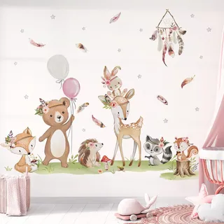 decalmile Wandtattoo Waldtiere Boho Wandaufkleber Hirsch Bär Fuchs Hase Wandsticker Babyzimmer Kinderzimmer Schlafzimmer Wanddeko