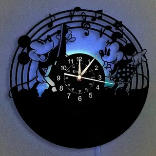 Smotly Vinyl-Wanduhr, Mickey Mouse Vintage Clock LED hängende Nachttischlampe 7 Farbe Wanduhr, Cartoon Uhr Disney-Geschenke Geburtstags-Geschenke handgemachte Hauptwanddekor,B,with Light