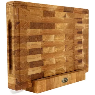 B4K® Schneidebrett mit Ständer aus Eiche Stirnholz 45 × 30 × 4 cm – Massiver Hackblock | Antibakterielles Hirnholzbrett mit Griffen & Silikonfüßen | Perfekt für Küche, Fleisch & BBQ