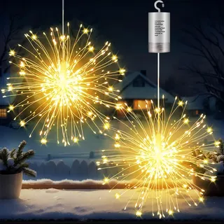 Joycome Leuchtkugel Weihnachten 2 Stück 180 LED Weihnachtsbeleuchtung Außen | Batterie, Fernbedienung, 8 Modi, Timer Feuerwerk Lichterkette Wasserdicht Hängende Weihnachtsdeko Innen Fenster (Warmweiß)