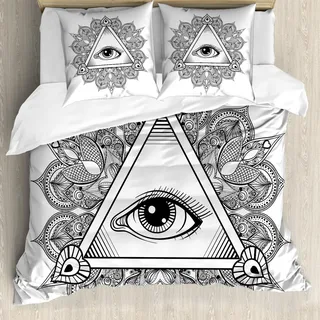 ABAKUHAUS Auge Bettbezug Set, Weinlese alles sehende Auge Tattoo Symbol mit Boho Mandala Providence Spirit Okkultismus, 200 x 200 cm + 80 x 80 cm, Weiß Schwarz