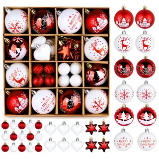 HOUISM Weihnachtskugeln mit Gemälde & Funkelndem als Traditionelles Handbemalt Thema Rot Weiß, Christbaumkugeln Kunststoff Weihnachtsdeko mit Aufhänger, Handarbeit für Weihnachtsfeier Dekor
