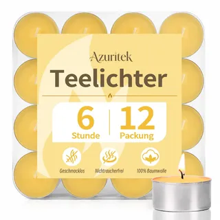 Azuritek 12 Stück 100% Rein Bienenwachs Teelichter, 6 Stunden | Natürlich Bienenwachskerzen, Paraffinfrei und Duftstoffe Bienenwachs Teelicht für Festival, Hochzeit, Party und Zuhause