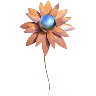 Bornhöft Gartenstecker Blume Metall Gartendeko Rost Edelrost rostiger Beetstecker 110cm Deko Rostfigur für den Garten mit Edelstahl Kugel