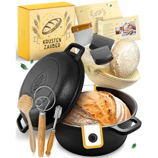 KRUSTENZAUBER Gusseisen Topf Brot Backen im XXL Set - Brotbackform mit Deckel inkl. Gärkorb, Schneebesen, Bäckermesser, Teigschaber, Brotschlinge und mehr - Perfektes Brotbacktopf Set für Anfänger