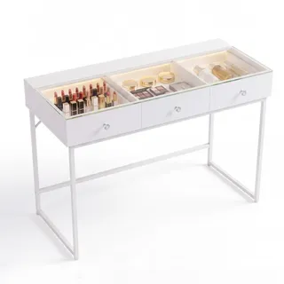 Vanitii Schminktisch mit Beleuchtung weiß 115/55/81 CM 3 Schubladen , Weiß , Glas, Metall , Mode , Rechteckig,Rechteckig , 55x81x115 cm , Wohnzimmer, Wohnzimmertische, Konsolentische