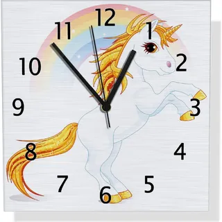 Wallario Design Wanduhr Weißes Einhorn vor einem Regenbogen aus Aluverbund, Größe 30 x 30 cm - Weiß