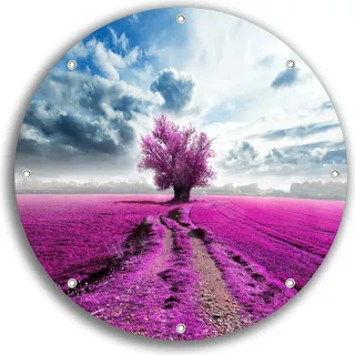 Wallario rundes Outdoor-Poster für Garten oder Balkon, Motiv Surreales Blumenfeld lila Blumen auf dem Feld, 30 cm Durchmesser - Rosa