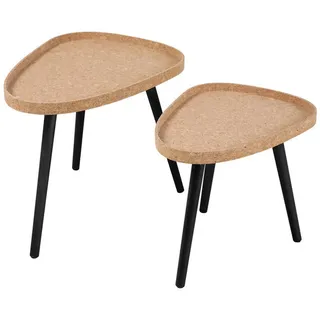 Mid.you Beistelltischset , Naturfarben, Schwarz , Holz, Holzwerkstoff , 2-teilig , Pinie, Kork , massiv , dreieckig , konisch , 40-35x44-38x50-45 cm , Wohnzimmer, Wohnzimmertische, Beistelltische