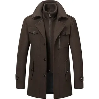 Herren Wintermantel, Slim Fit Zweiteiliger Mantel für Business und Freizeit, Wollmantel mit Stehkragen Peacoat und Warmer Integrierter Innenjacke, Herren, Kaffee, 2XL - Braun