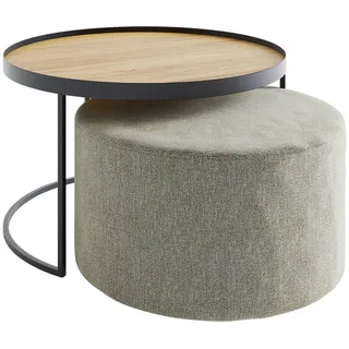 Novel Couchtischset , Eichefarben, Beige , Holz, Textil , 2-teilig , Eiche , massiv , rund , C-Form , 80x49x80 cm , Holzmöbel, Holztische, Wohnzimmertische Holz, Couchtische Holz