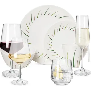 Melamin Camping Geschirr Set 4 Personen Limon Design 16 Teilig + 16 Milano Gläser Wassergläser Weingläser Champagner-Gläser Flûtes Tafelgeschirr Picknick BBQ Kochgeschirr