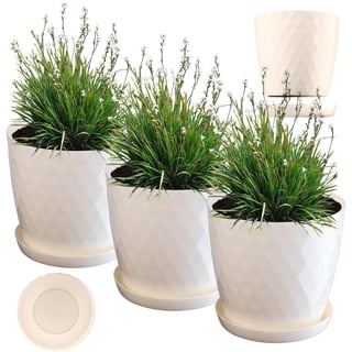 KADAX Blumentopf, Kunststoff Topf-Set mit Untersetzer, Pflanzkübel aus leichtem Material, dekorativer Kräutertopf, Topf für Blumen, Pflanzen, Kaktus und Sukkulente (Set of 3 – 20cm, Ecru)