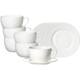 Ritzenhoff & Breker Saphir Cappuccinotassen mit Untertassen 320 ml 6er Set | Porzellan Geschirr-Serie in Weiß mit Mosaik-Relief | spülmaschinenfest & mikrowellengeeignet | Elegant & Modern