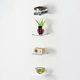 Dmora Set mit 4 Wandregalen, Made in Italy, 2 Regale aus gehärtetem Glas und zwei aus glänzend weißem Laminat, cm 20x27h1,6, Farbe weiß glänzend