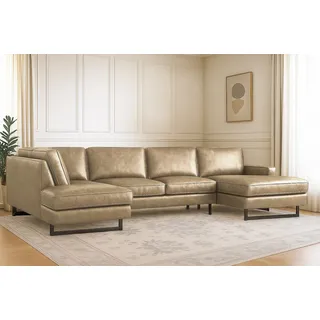 Home affaire Wohnlandschaft »Pinto, 350 cm, U-Form, XXL, mit Ottomanen« Cord, Chenille, Lederoptik, mit Keder, Metallfüße, Wellenunterfederung, beige