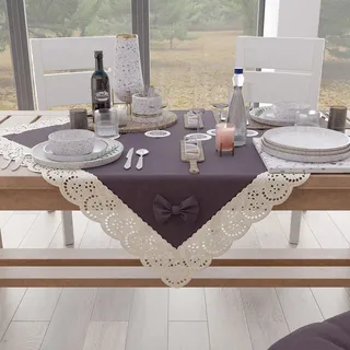PETTI Artigiani Italiani - Quadratische Mitteldecke, Baumwolle mit Sangallo-Spitze und Schleifen, 95 x 95 cm, Mauve