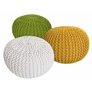 Strickhocker 3er Set Pouf Sitzpouf Sitzpuff Pouf neon gelb weiß Ø 55cm - Gelb, Weiß