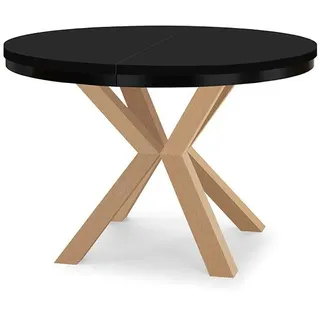 Runder Ausziehbarer Tisch für Esszimmer RAL mit Ring-Gestell, Loft-Stil, Industriel, Durchmesser: 90 / 140 cm, Farbe: Schwarz / Buche Natur - Schwarz, Braun