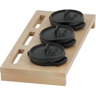 BBQ-Toro Mini Dutch Oven Set mit Holzunterlage | 3 x Ø 11 cm | Gusseisen 3er Set Serviertöpfe | Kochtopf, kleiner Bräter mit Deckel, Gusstopf | Brattopf, Backtopf, Schmortopf, Feuertopf