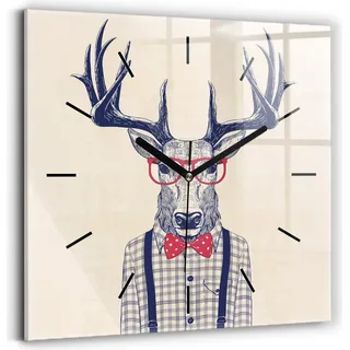 Wallfluent Wanduhr – Stilles Quarzuhrwerk - Uhr Dekoration Wohnzimmer Schlafzimmer Küche - Zifferblatt mit Striche - schwarze Zeiger - 30x30 cm - Hirsch im Hemd - Rot