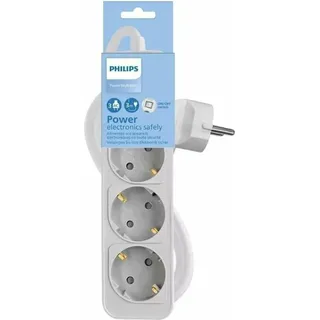 Philips Steckdosenleiste CHP2134G/10 - Steckdosenleiste 3 Steckdosen de Strom, Cable 1,5 Meter, Hauptschalter, Inklusive automatischer Sicherheitssperre, LED-Anzeige de Stromversorgung - Farbe White - Transparent