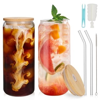 UHAPEER Cocktailgläser in Dosenform 2er Set, 660ml/22oz Gläser Set mit Deckel und Strohhalm, Longdrinkgläser Bierdosen Glas, Trinkgläser für Kaffee, Mojito, Soda, Matcha, Bier