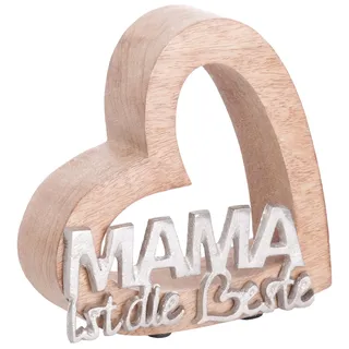 Brandsseller Deko-Schriftzug Mama ist die Beste ca. 15 cm hoch auf Mangoholz-Herz Silber/Braun
