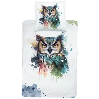 MTOnlinehandel Bettwäsche 135x200 Magische Tierwelt, 100% Baumwolle, 1 Kissenbezug 80x80 cm + 1 Bettbezug 135x200 cm, Reißverschluss, Wendebettwäsche weiß - Petrol (Eule)