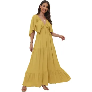 Damen Sommer V-Ausschnitt Stufen-Silhouette mit Flatterärmeln Maxikleid Kleider für Casual, gelb, Mittel