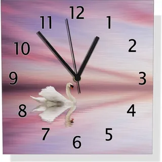 Wallario Design Wanduhr Weißer Schwan im rosafarbenen See aus Aluverbund, Größe 30 x 30 cm - Rosa