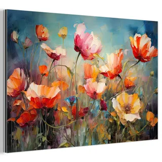 MuchoWow Metallbild Blumen - Aquarell - Kunst - Botanisch - Natur Wanddeko 90x60 cm , Orange , Metall , Rechteckig , 90x60 cm , einfache und schnelle Anbringung , Bilder & Rahmen, Bilder, Holz & Metallbilder
