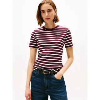 Tommy Hilfiger T-Shirt TOMMY HILFIGER "SLIM CODY C-NK SS", Damen, Gr. XXXL(46), beige (deep burgundy, ecru stp), Jersey, Obermaterial: 100% Baumwolle, gestreift, slim fit hüftlang, Rundhals, abgesteppt, Shirts T-Shirt, Baumwolle, slim fit