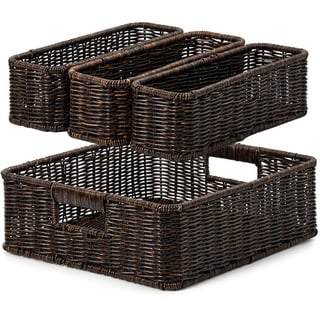 EZOWare 4er Set Rattankorb Tablettkörbe, Flechtkorb aus Kunststoff, Aufbewahrungsbox Rattan für Schubladen, Büro, Schlafzimmer, Kleiderschrank, Badezimmer - 2 Größen, Dunkel Braun