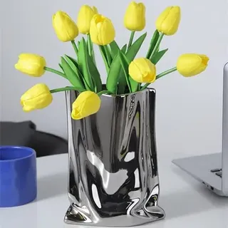 Keramik Vase, Moderne Blumenvase, Minimalistische Abstrakte Vase für Home Decor, Tisch Mittelstück Vase für Wohnzimmer, Schlafzimmer, Esszimmer, Hochzeit, Party (Silber, Groß)