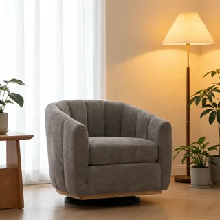 Kürbis-Loungesessel, Moderner Chenille-Drehsessel mit 360° Rotation, Gepolsterter Hocker mit Metallfuß, Wohnzimmer Akzent-Sessel in Grau/Weiß/Khaki, 81x73x75.5cm