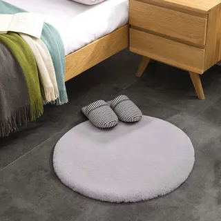 Teppich Wölkchen Fell Rund, Fellteppich Rund, Kunstfell Teppich Waschbar, Hasenfell, Kaninchenfell - Flauschiger Teppich Wohnzimmer, Bettvorleger Schlafzimmer - Grau - Rund 60cm