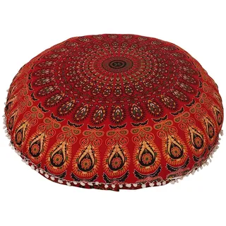 Ganesham Rundes Dekokissen im indischen Boho-Stil, Mandala, Tapisserie, Hippie, Rund, Sitzhocker, Ottoman, Mandala-Bodenkissen, 81 x 81 cm 80 cm rot