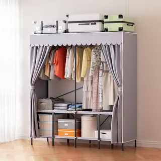 TolleTour Stoffschrank Kleiderschrank Staubdicht & Kleiderstange, Stoffkleiderschrank faltbarer für Schlafzimmer, Metallrahmen, 158 x170 x 48 cm - Grau
