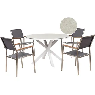 BELIANI Gartenmöbel-Set, weiß/grau  Aluminium, Edelstahl, Keramik, Glas, Tischplatte mit Marmoreffekt, 4 Sitzer, Outdoor-Möbel, modern - Grau, Weiß, Silber, Beige