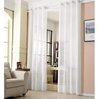 Woltu 2er Set Gardinen transparent mit Ösen Leinenoptik Vorhang Ösenschal Halbtransparent Stores Voile Fensterschal Deko Leinenvorhang für Wohnzimmer Kinderzimmer Schlafzimmer, 140x175 cm Weiß