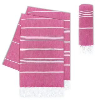 LAYNENBURG 2er-Set Premium Hamamtuch mit handgeknüpften Fransen - 100% Baumwolle - XXL Strandtuch 100x200 cm - Oeko-TEX 100 - Strandhandtuch groß - Saunatuch & Reisehandtuch (Fuchsia)